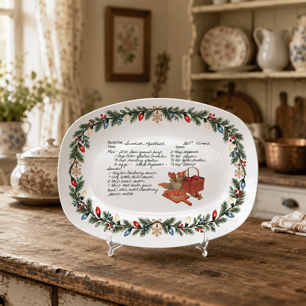Handwritten Recipe Platter with Christmas Lights Border