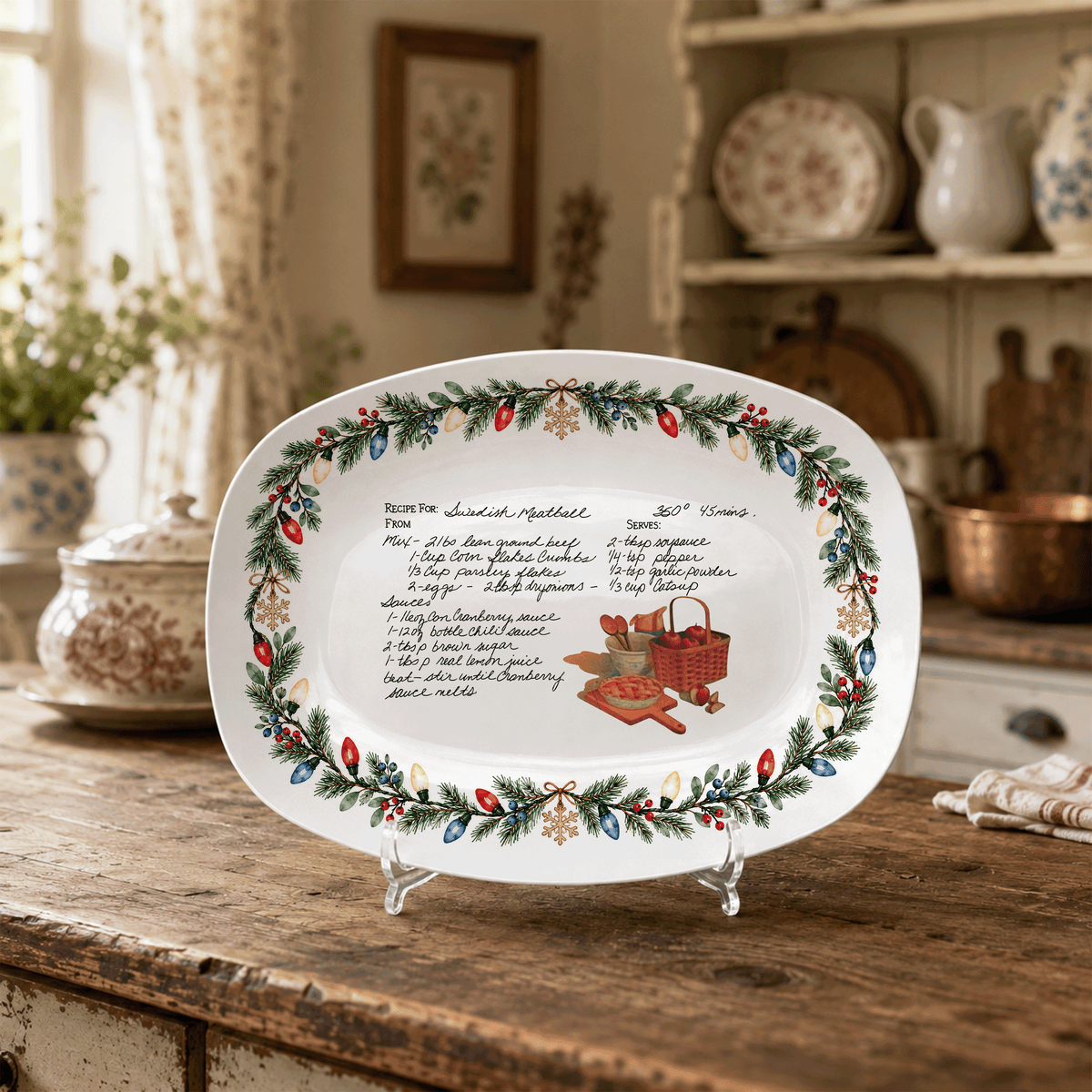 Handwritten Recipe Platter with Christmas Lights Border