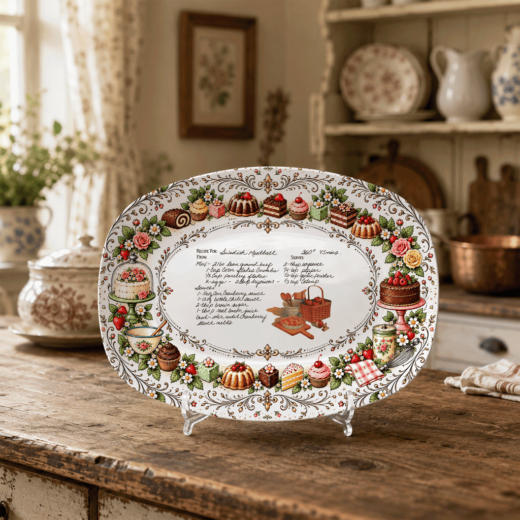 Handwritten Recipe Platter with Vintage Cake Border