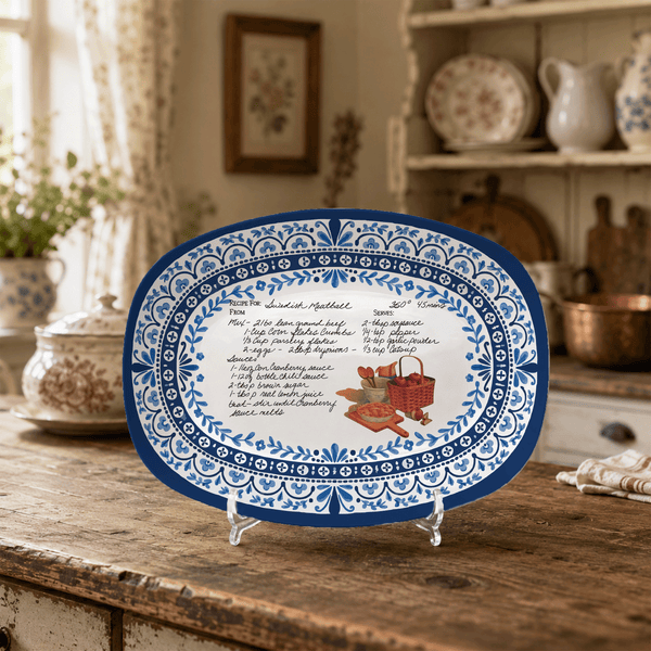 Handwritten Recipe Platter with Heritage Blue Border