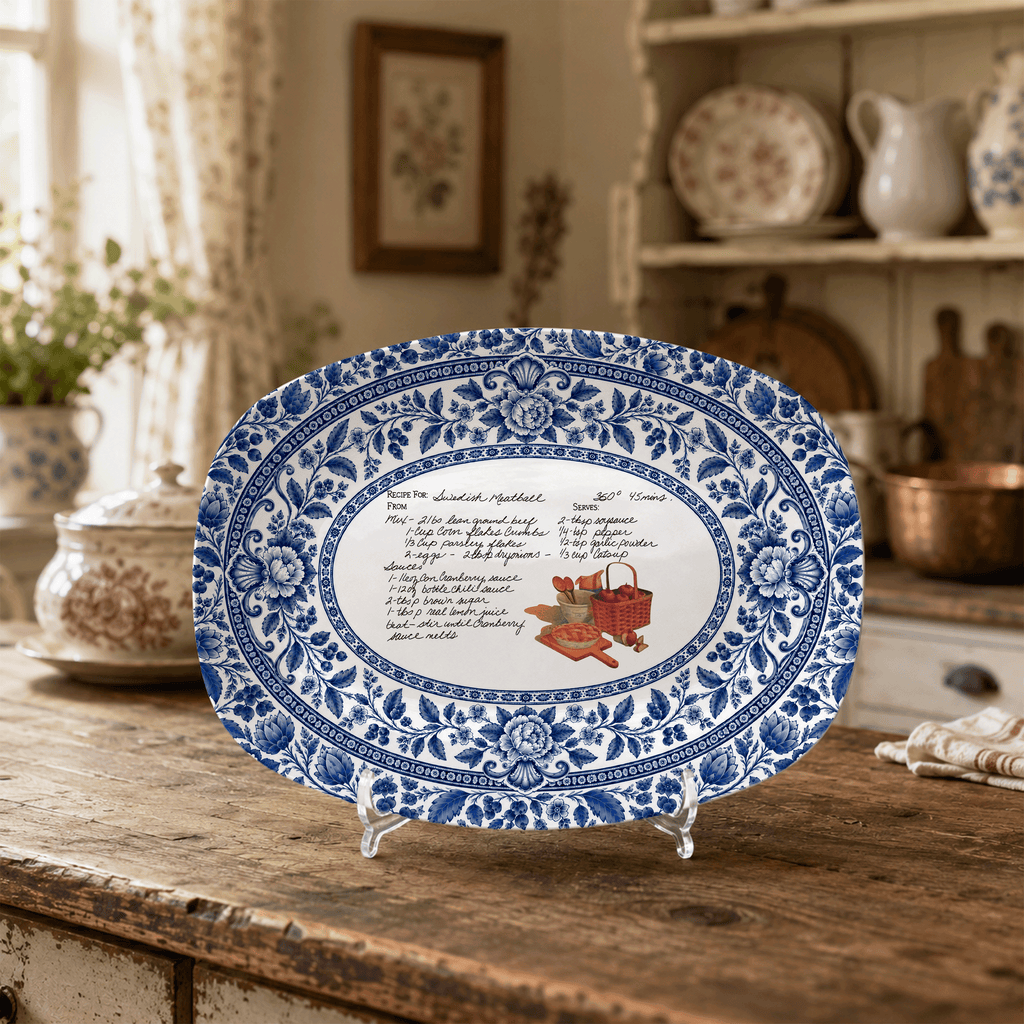 Handwritten Recipe Platter with Blue Antique Botanical Border