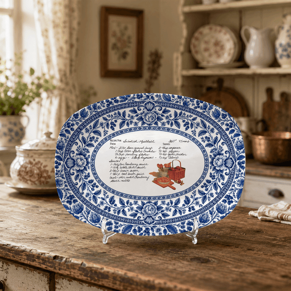 Handwritten Recipe Platter with Blue Antique Botanical Border