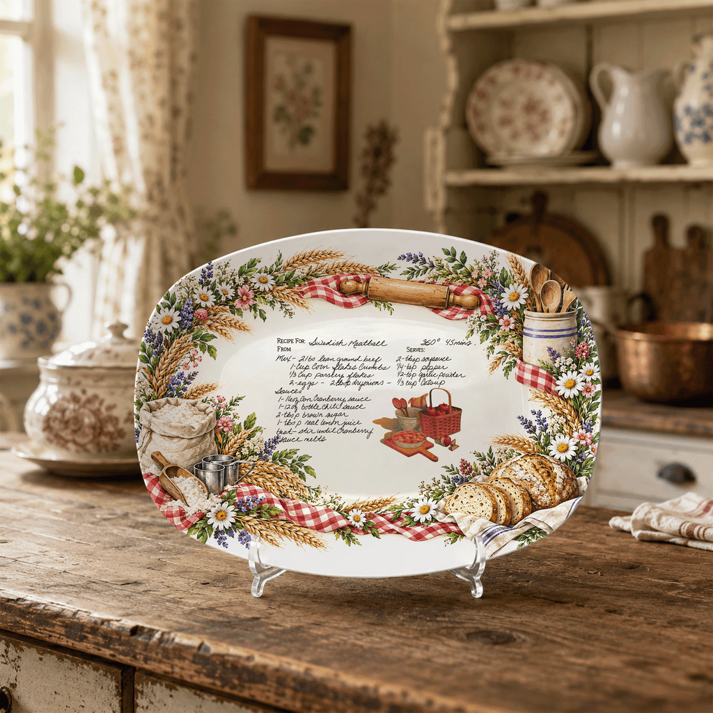 Handwritten Recipe Platter with Bread and Wildflower Border