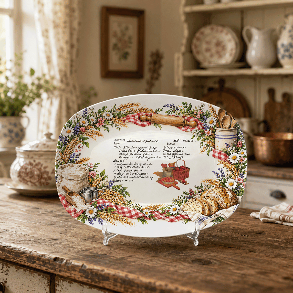 Handwritten Recipe Platter with Bread and Wildflower Border