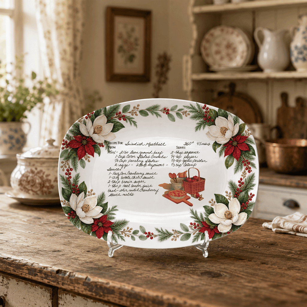Handwritten Recipe Platter with Southern Holiday Magnolia Border
