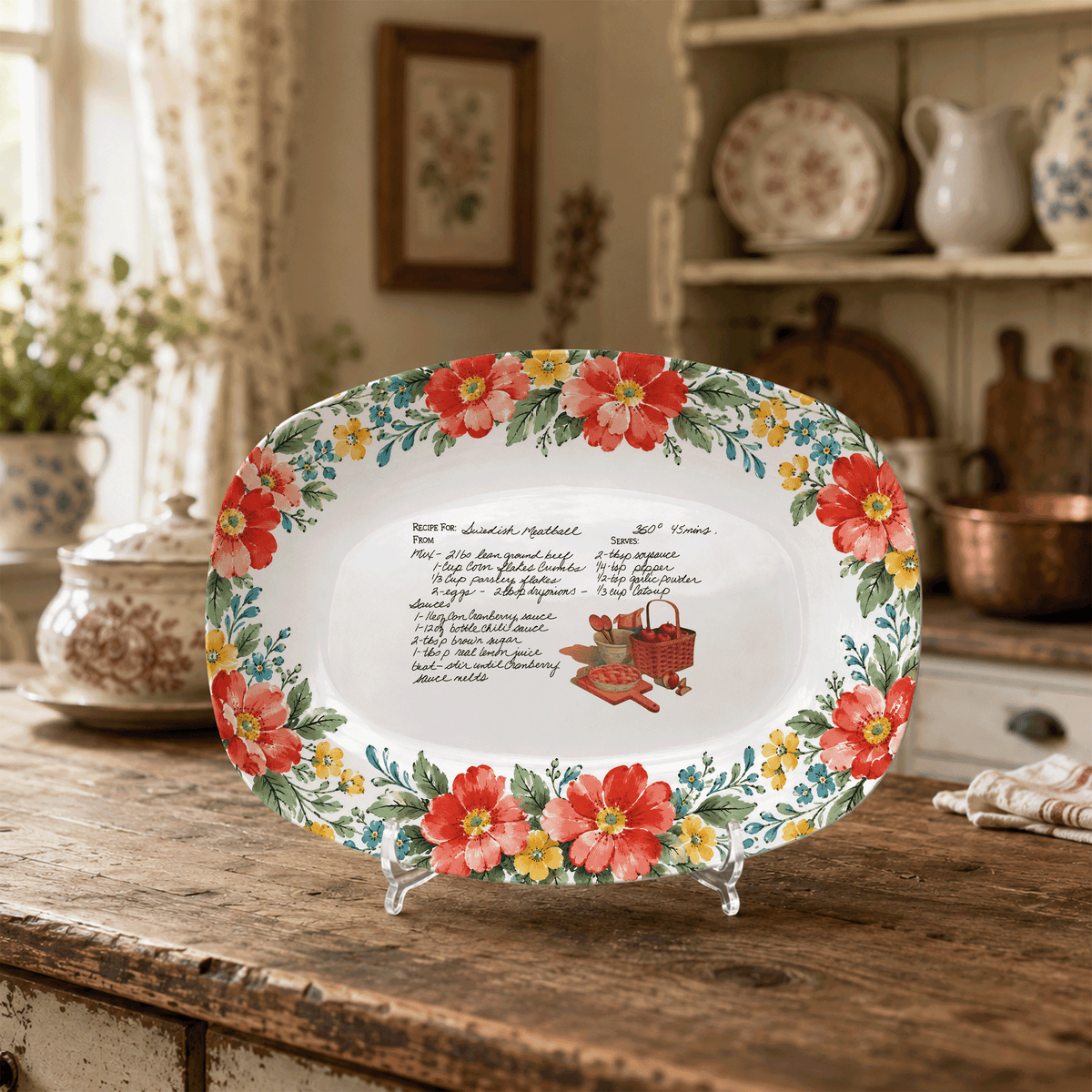 Handwritten Recipe Platter with Red and Teal Watercolor Flower Border