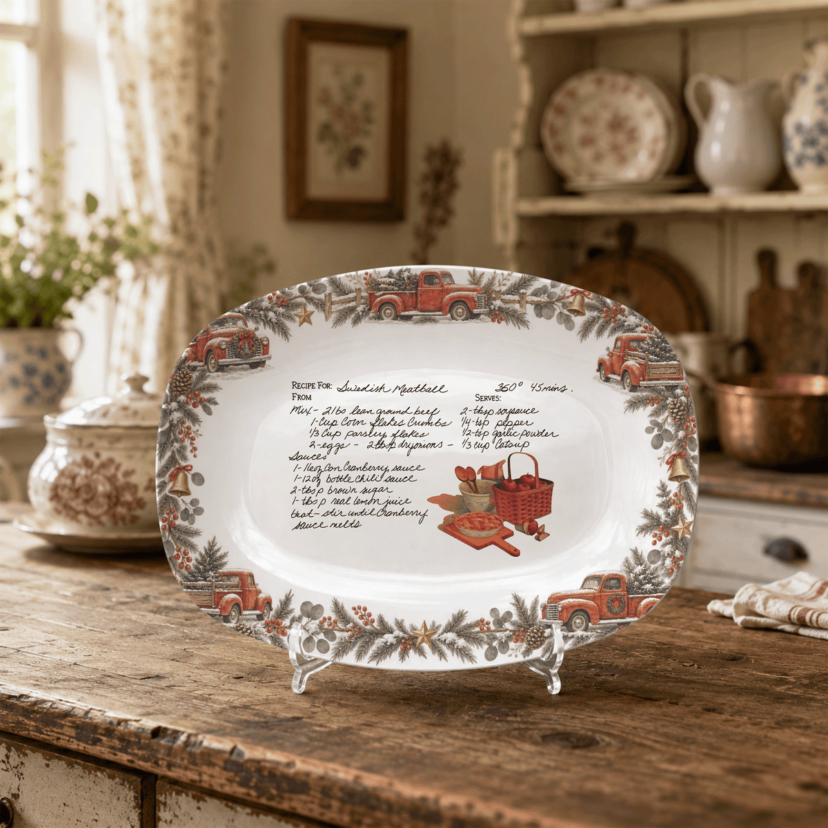Handwritten Recipe Platter with Vintage Red Truck and Wreath Border
