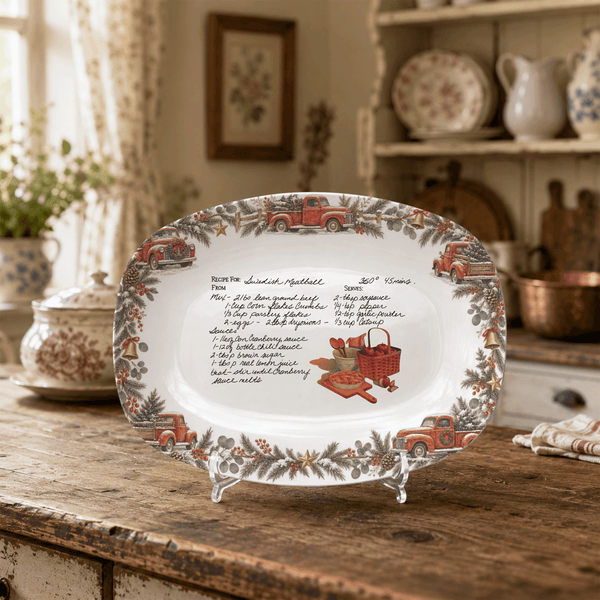 Handwritten Recipe Platter with Vintage Red Truck and Wreath Border