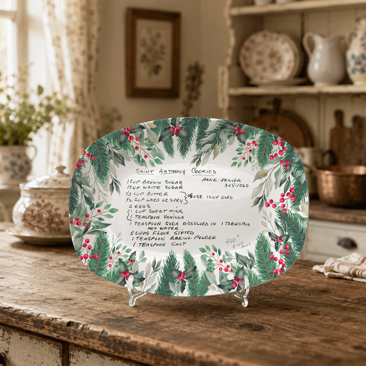 Handwritten Recipe Platter with Christmas Wreath Border