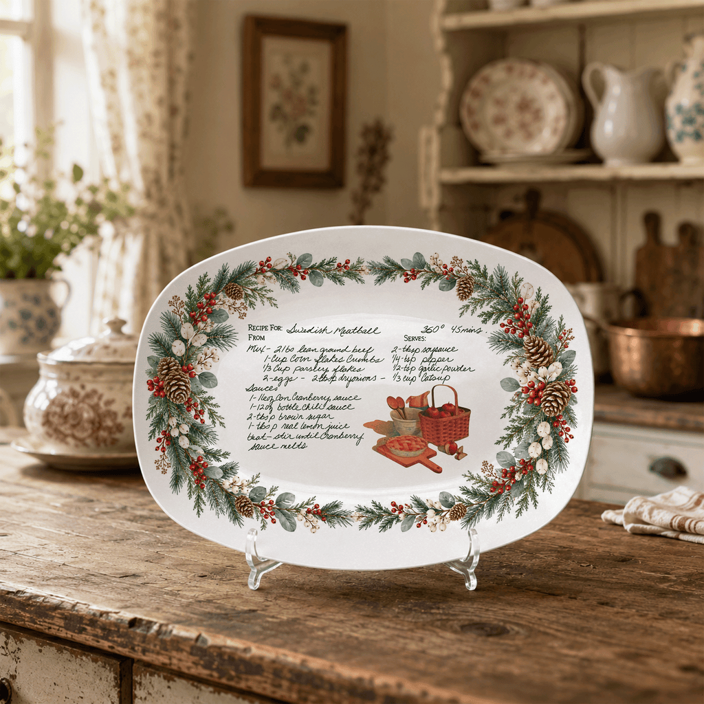 Handwritten Recipe Platter with Evergreen Pinecone & Berry Border