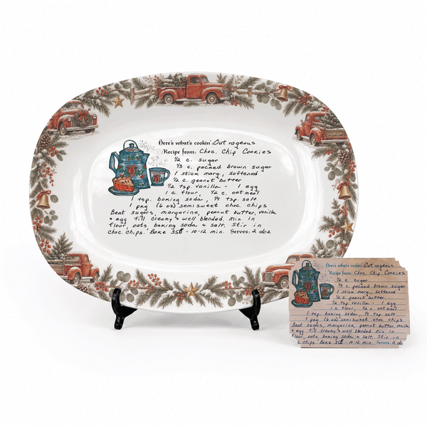 Handwritten Recipe Platter with Vintage Red Truck and Wreath Border