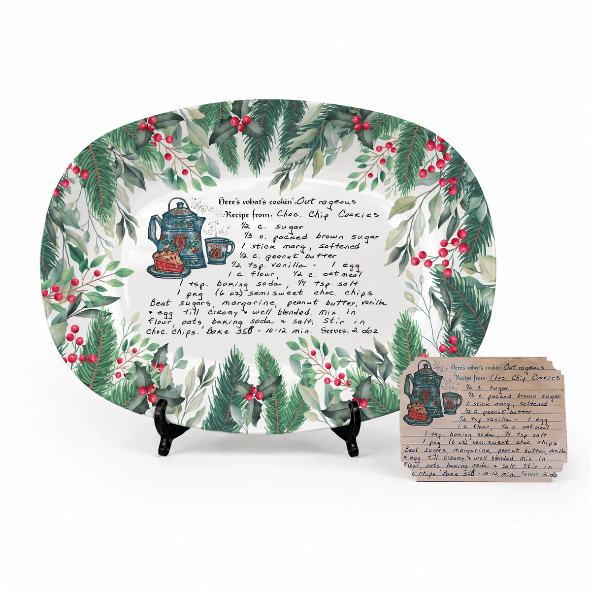 Handwritten Recipe Platter with Christmas Wreath Border