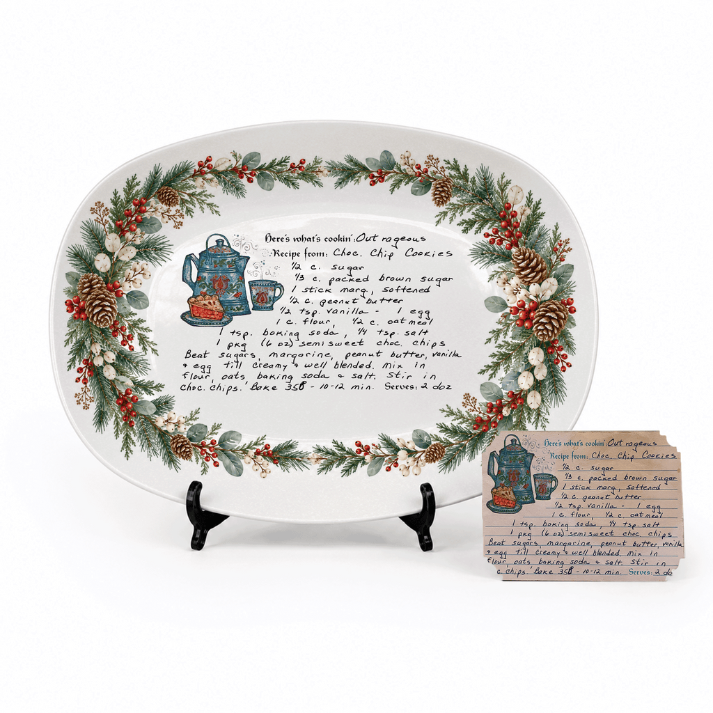 Handwritten Recipe Platter with Evergreen Pinecone & Berry Border
