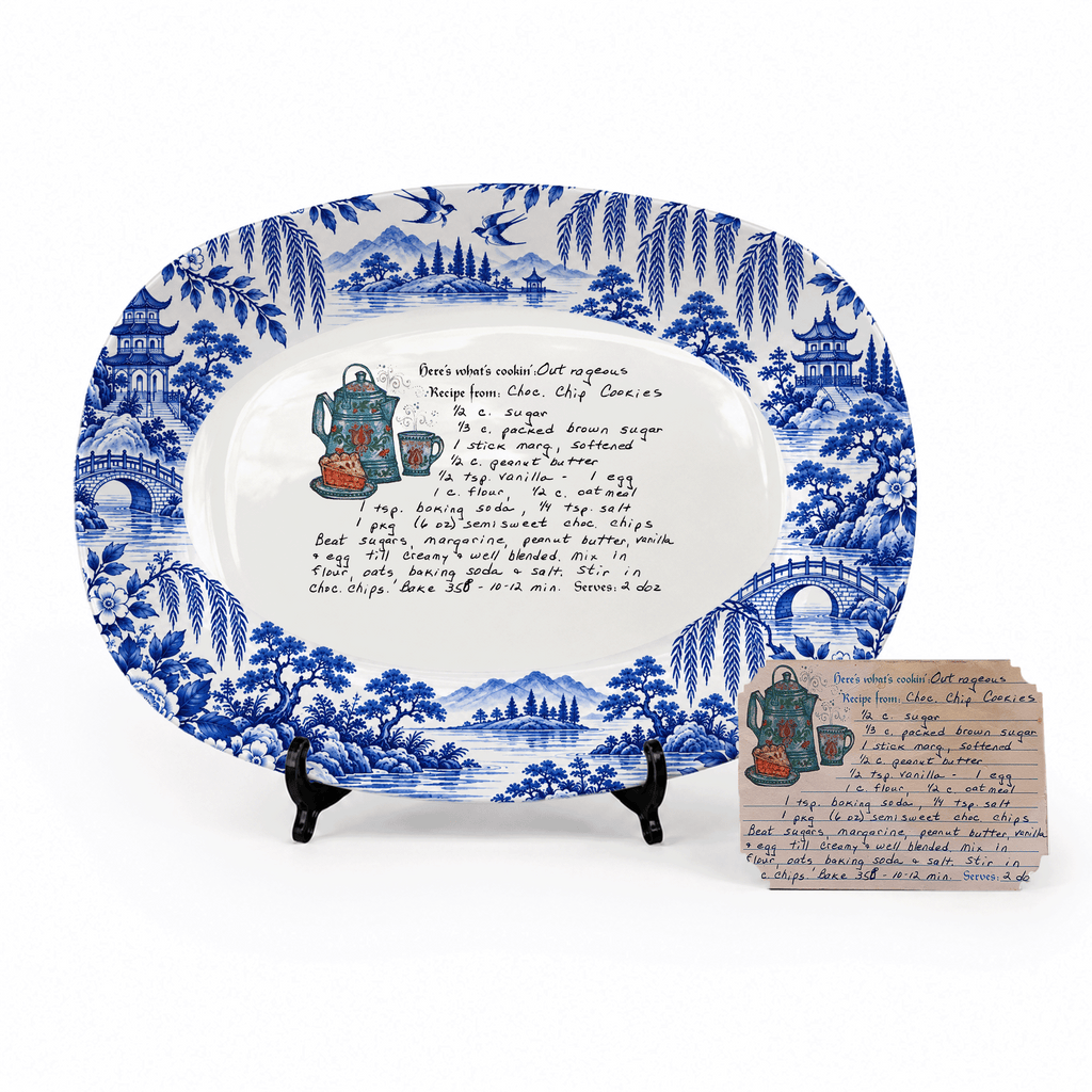 Handwritten Recipe Platter with Antique Blue Willow Border