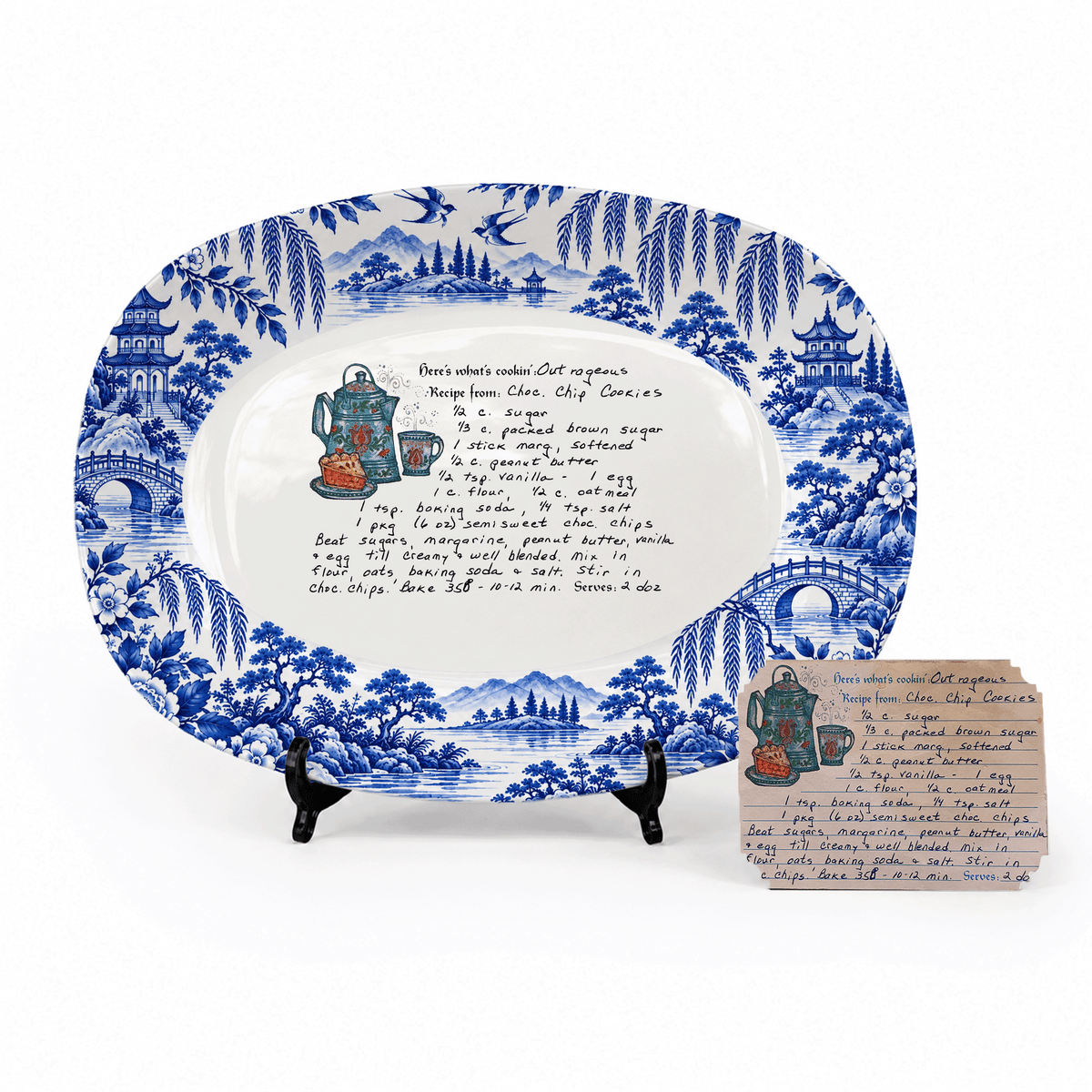 Handwritten Recipe Platter with Antique Blue Willow Border