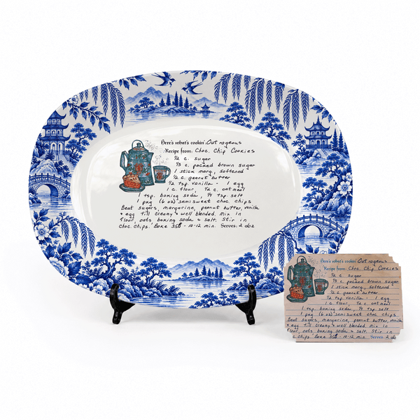 Handwritten Recipe Platter with Antique Blue Willow Border