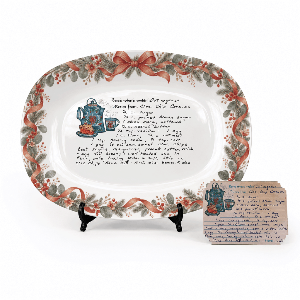Handwritten Recipe Platter with Antique Red Bow Wreath Border