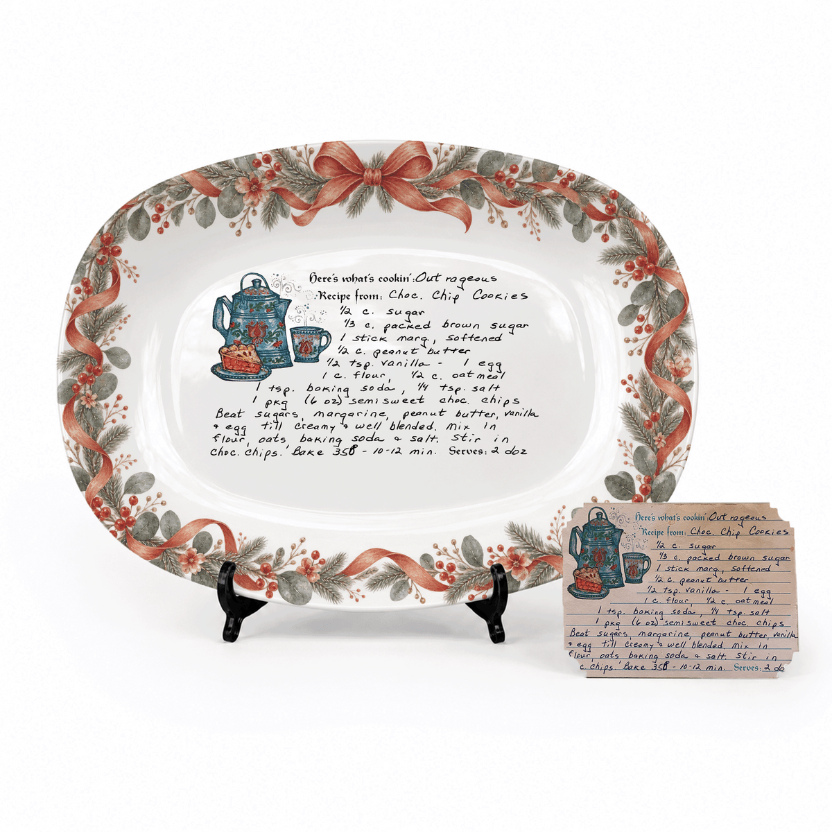 Handwritten Recipe Platter with Antique Red Bow Wreath Border