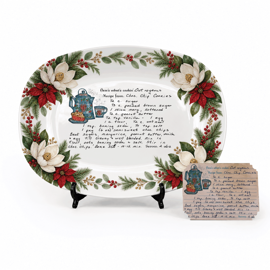 Handwritten Recipe Platter with Southern Holiday Magnolia Border
