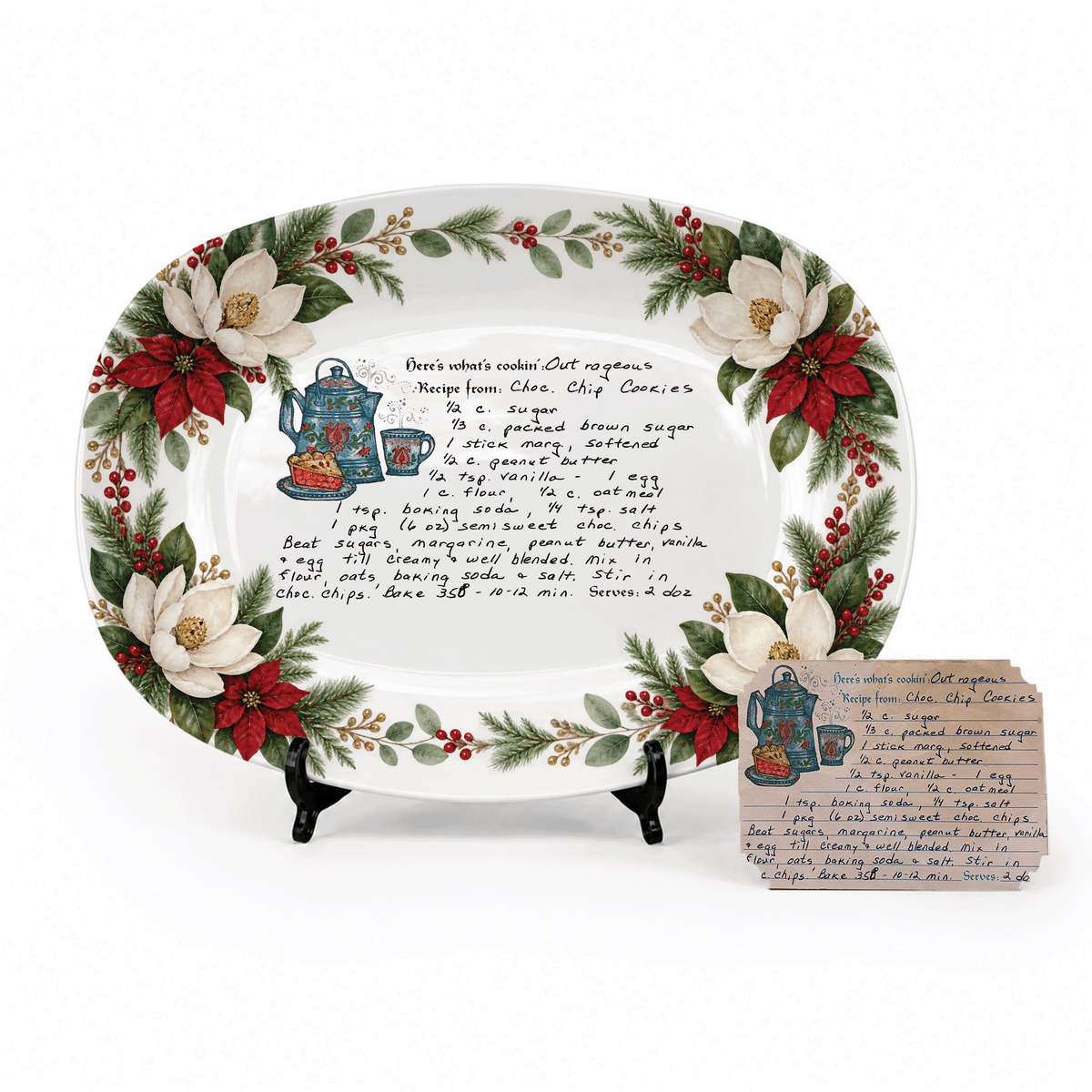 Handwritten Recipe Platter with Southern Holiday Magnolia Border