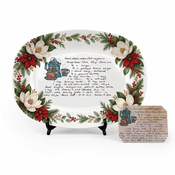 Handwritten Recipe Platter with Southern Holiday Magnolia Border