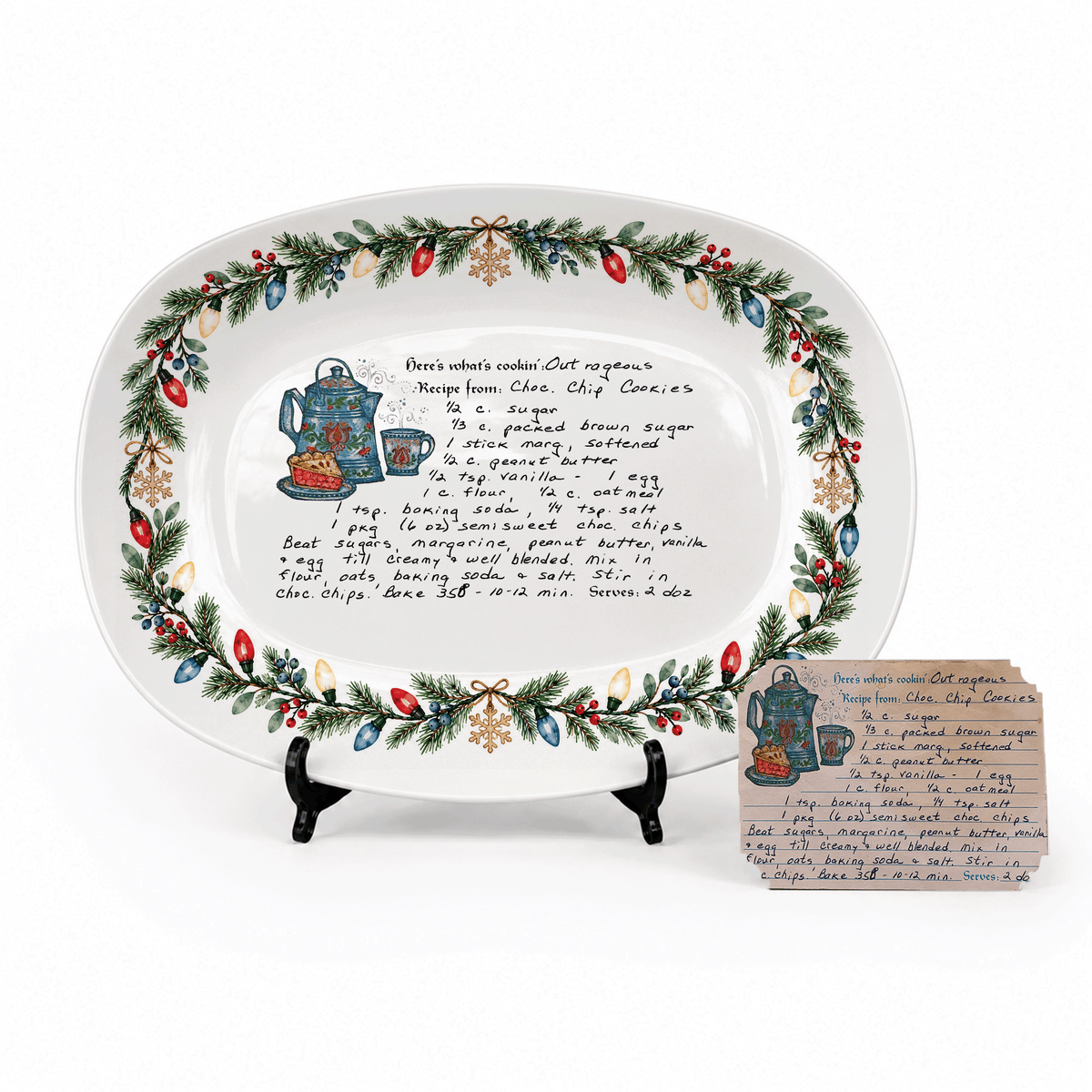 Handwritten Recipe Platter with Christmas Lights Border