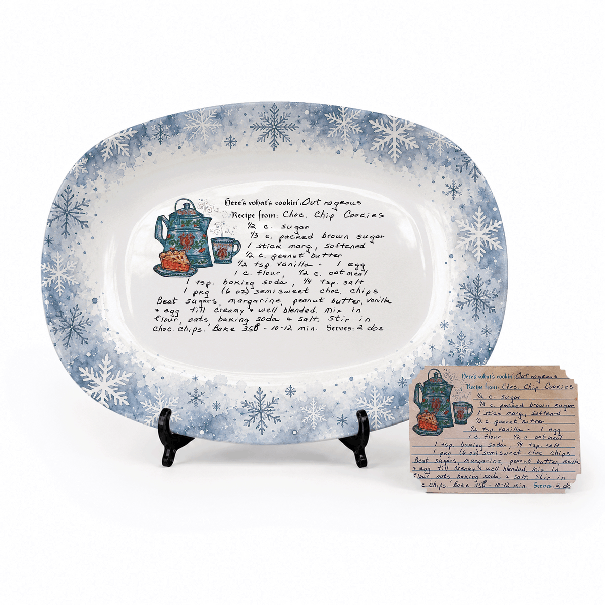 Handwritten Recipe Platter with Blue Snowflake Border