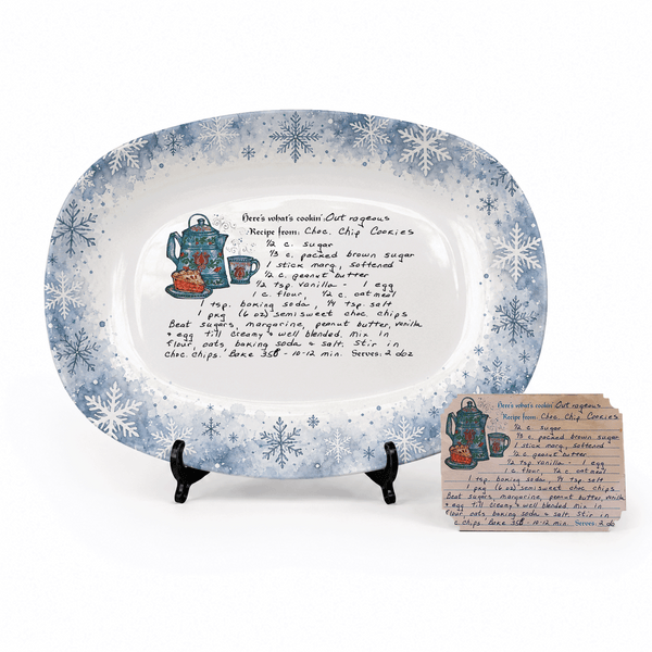 Handwritten Recipe Platter with Blue Snowflake Border
