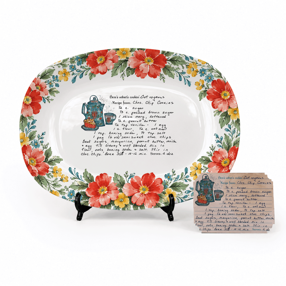 Handwritten Recipe Platter with Red and Teal Watercolor Flower Border