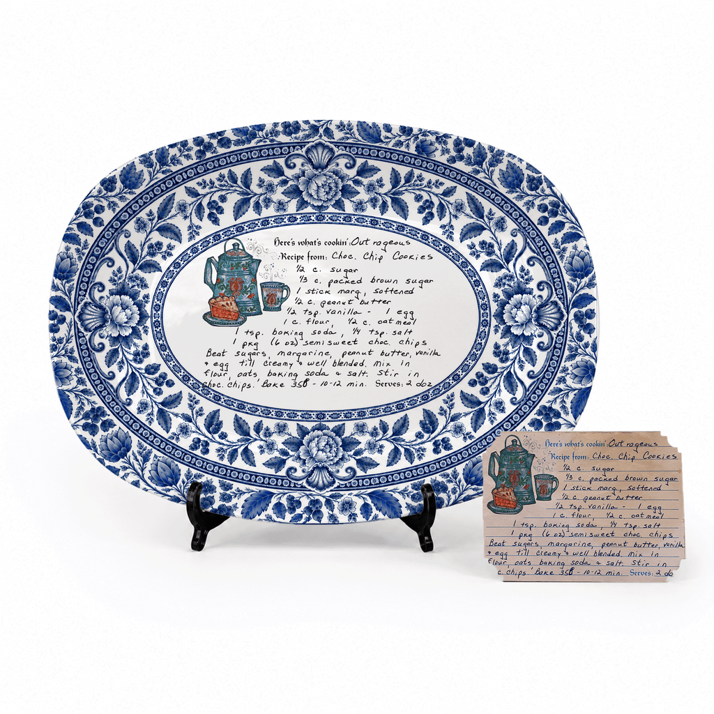Handwritten Recipe Platter with Blue Antique Botanical Border