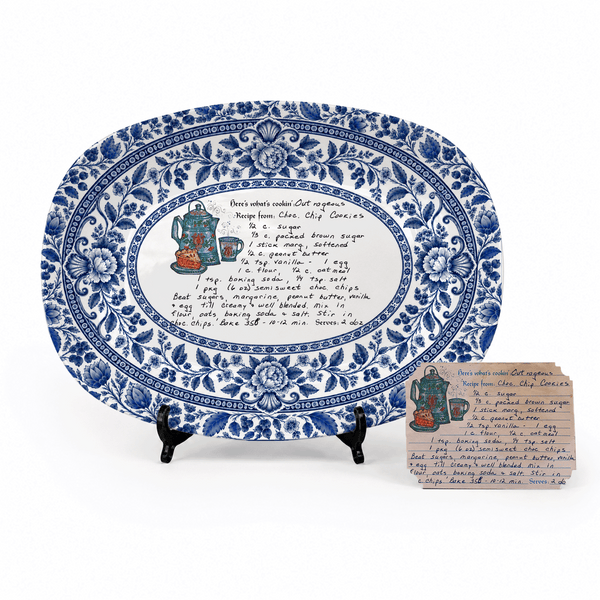 Handwritten Recipe Platter with Blue Antique Botanical Border