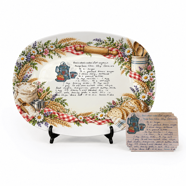 Handwritten Recipe Platter with Bread and Wildflower Border