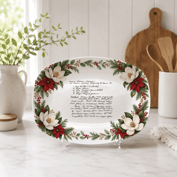 Handwritten Recipe Platter with Southern Holiday Magnolia Border