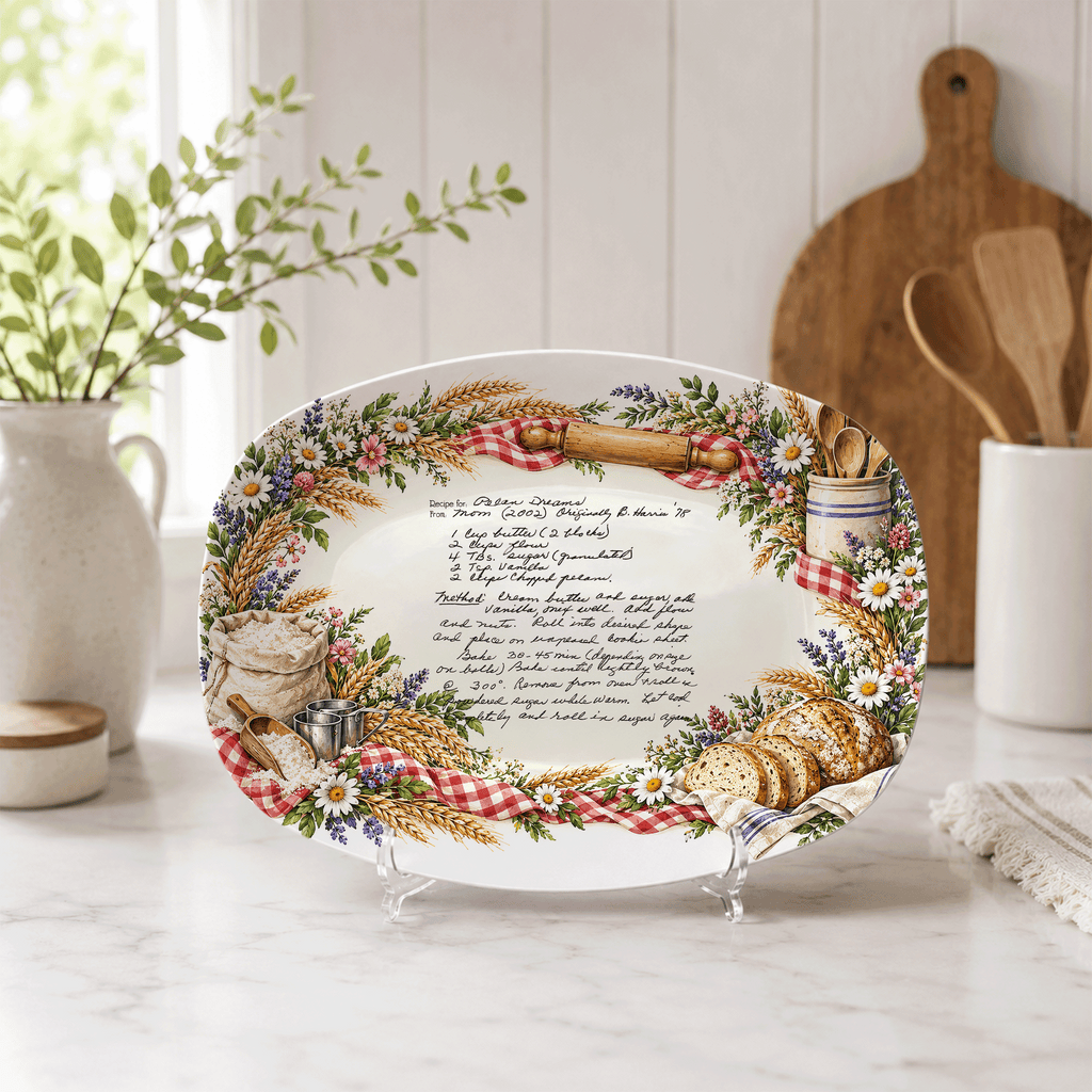 Handwritten Recipe Platter with Bread and Wildflower Border