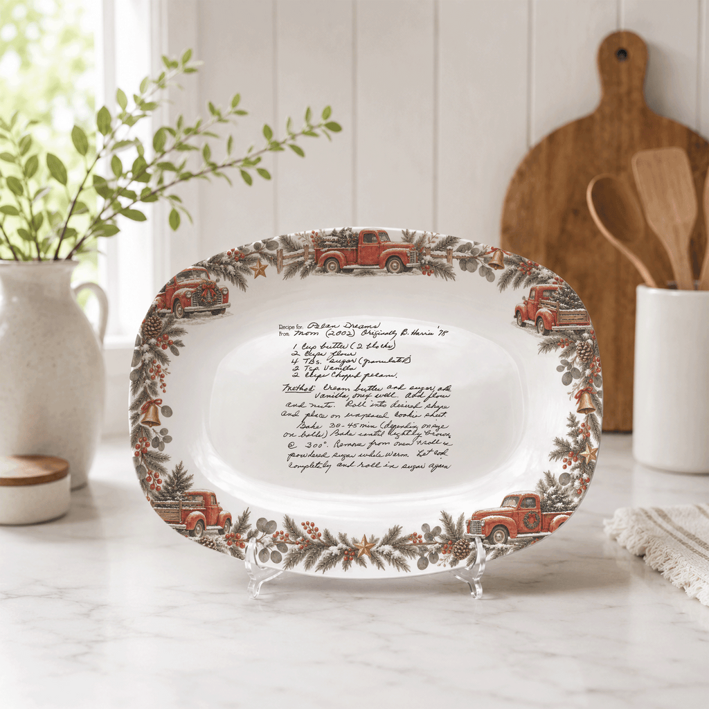 Handwritten Recipe Platter with Vintage Red Truck and Wreath Border