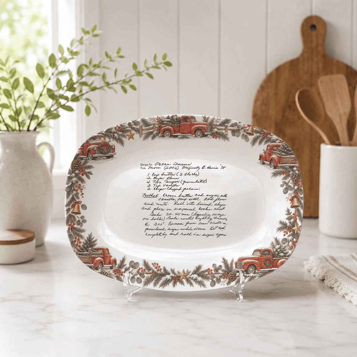 Handwritten Recipe Platter with Vintage Red Truck and Wreath Border