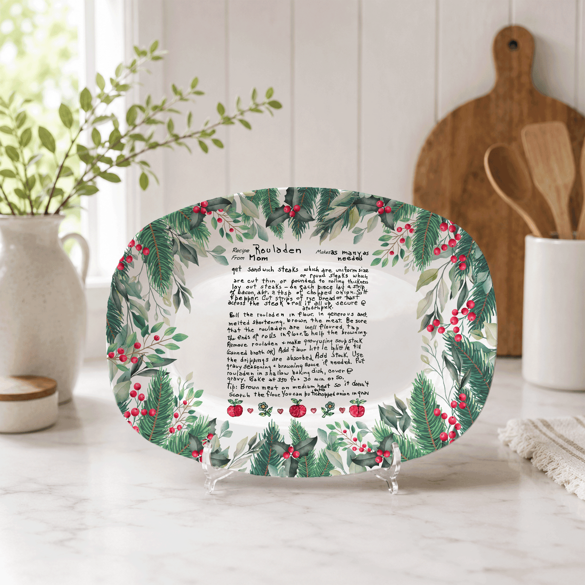 Handwritten Recipe Platter with Christmas Wreath Border
