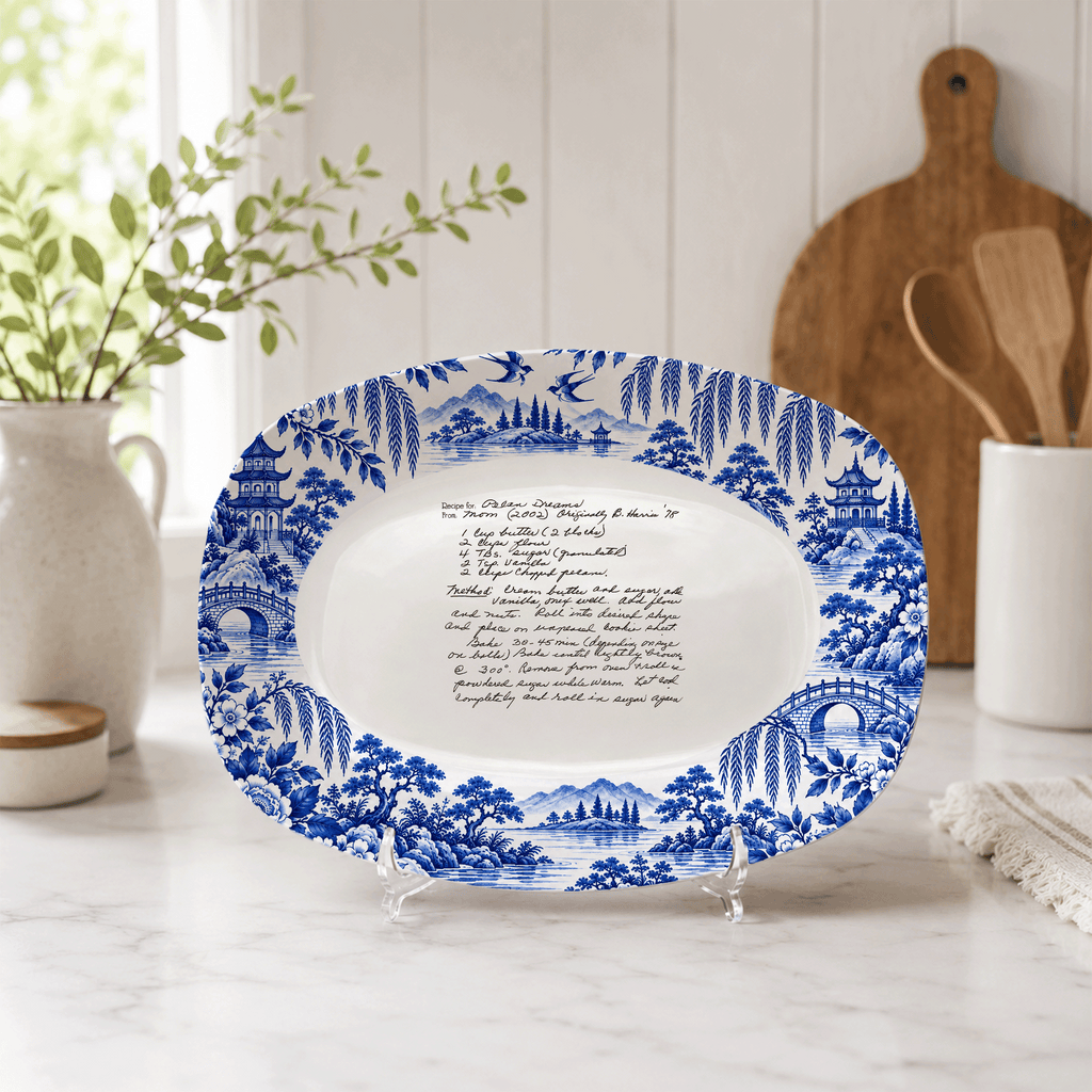 Handwritten Recipe Platter with Antique Blue Willow Border