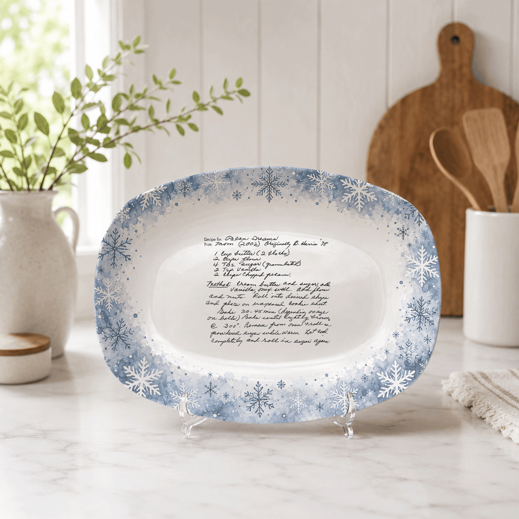 Handwritten Recipe Platter with Blue Snowflake Border