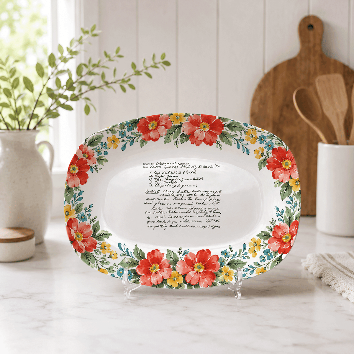 Handwritten Recipe Platter with Red and Teal Watercolor Flower Border