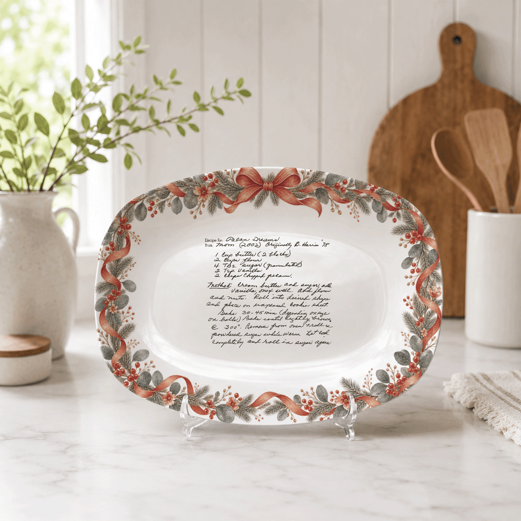 Handwritten Recipe Platter with Antique Red Bow Wreath Border