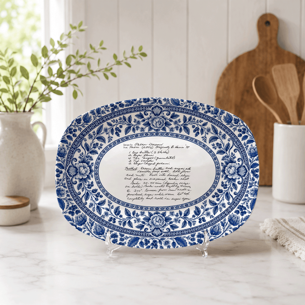 Handwritten Recipe Platter with Blue Antique Botanical Border