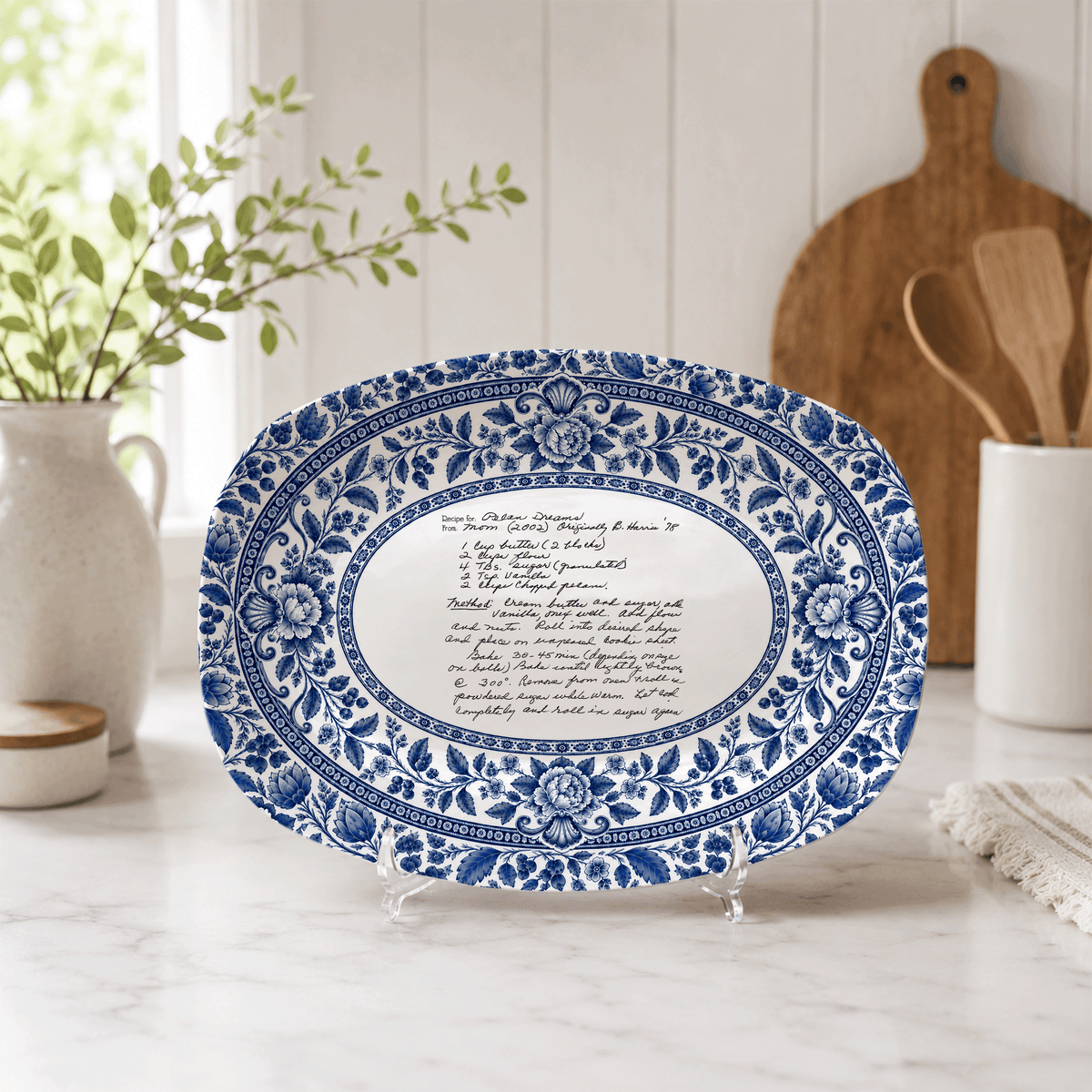 Handwritten Recipe Platter with Blue Antique Botanical Border