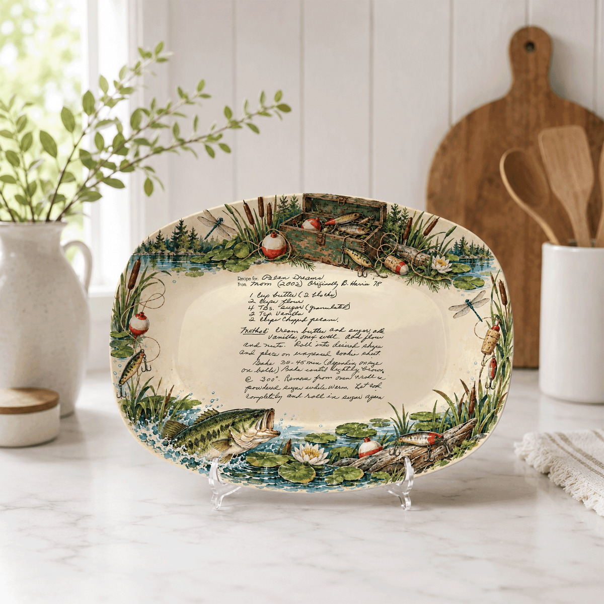 Handwritten Recipe Platter with Fishing Border