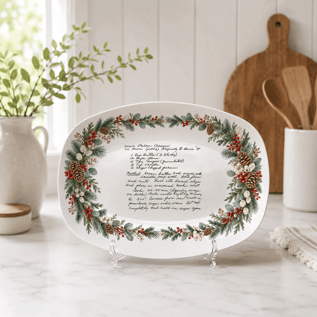 Handwritten Recipe Platter with Evergreen Pinecone & Berry Border