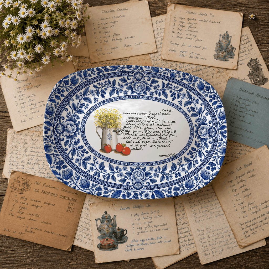 Handwritten Recipe Platter with Blue Antique Botanical Border