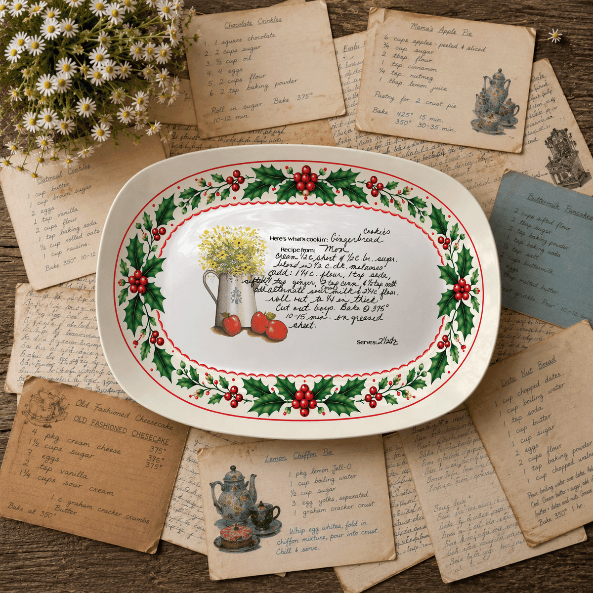 Handwritten Recipe Platter with Holly Border
