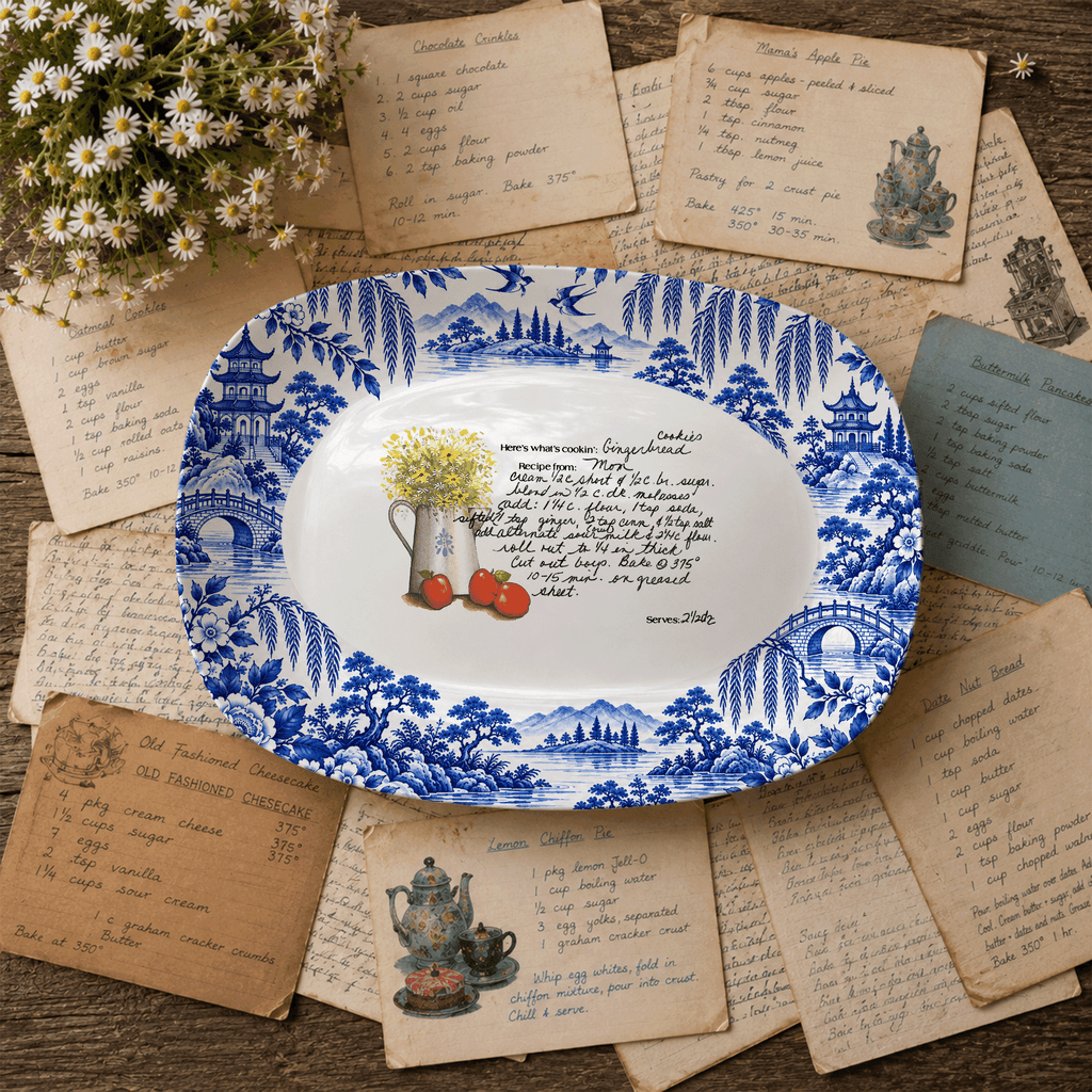 Handwritten Recipe Platter with Antique Blue Willow Border