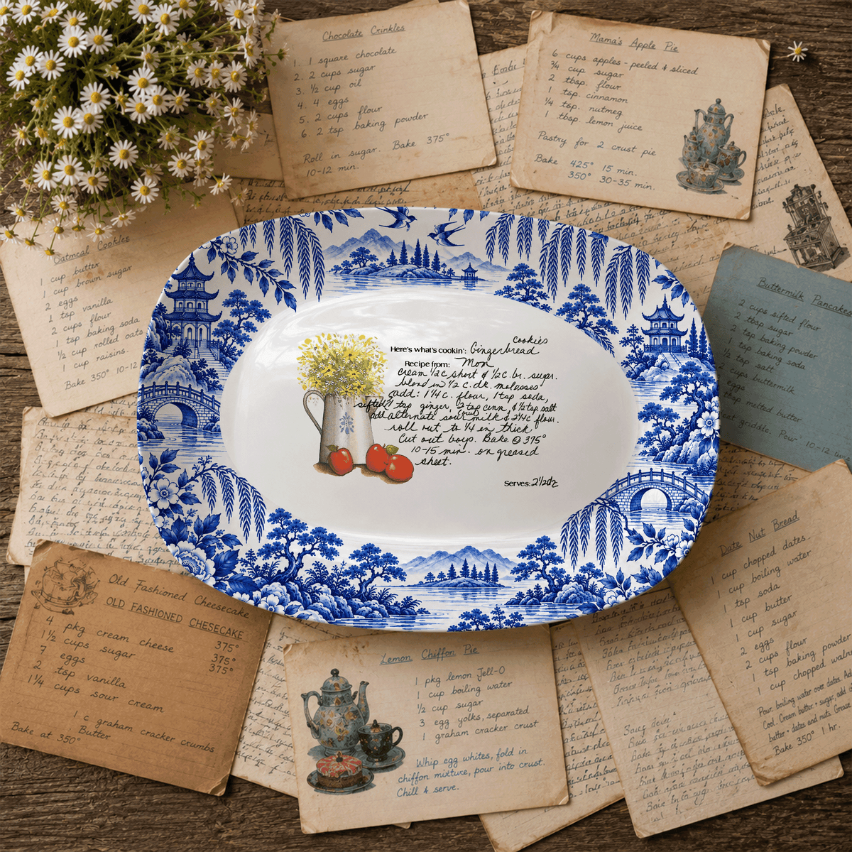 Handwritten Recipe Platter with Antique Blue Willow Border