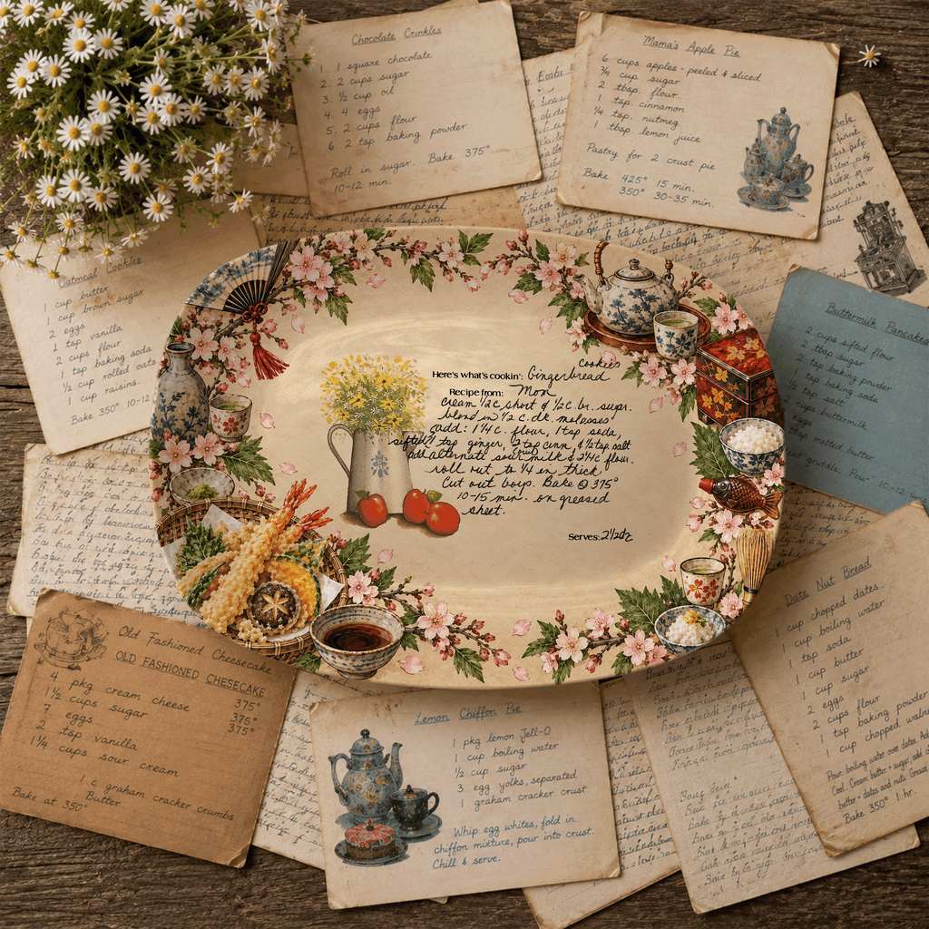Handwritten Recipe Platter with Vintage Japanese Food Border